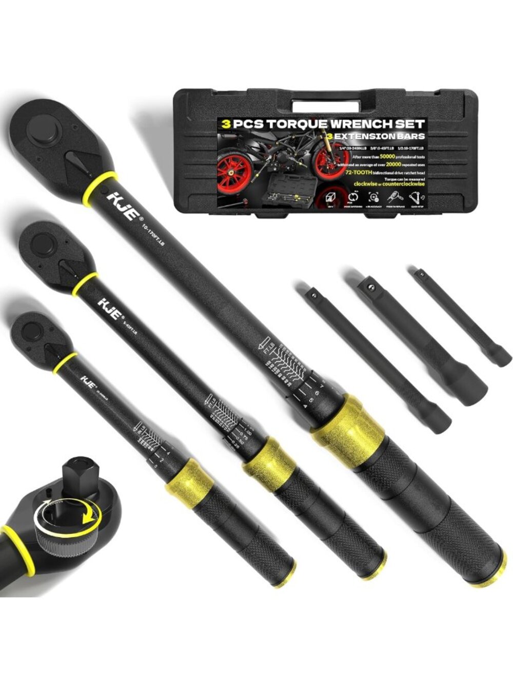 3PCS Adjustable Click Torque Wrench Set - 1/4, 3/8, & 1/2-Inch Drive, 170 ft.lb